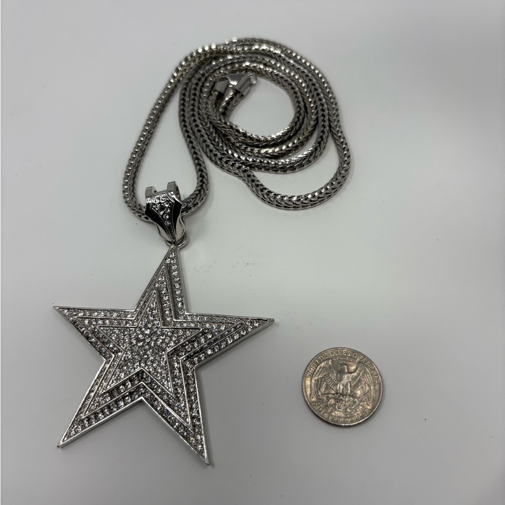 Silver 3 layer iced out Star Pendant Necklace